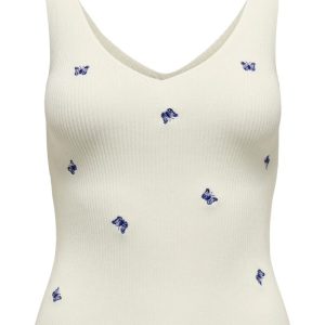 JDY - Top - Nanna S/L Embroidery Top - Cloud Dancer/Dazzling Blue Butterfly